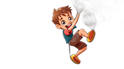 A cartoon character is hanging on the edge of a black background. A brown-haired boy with a blue shirt and orange shoes is climbing on the wall in the style of unknown artist.