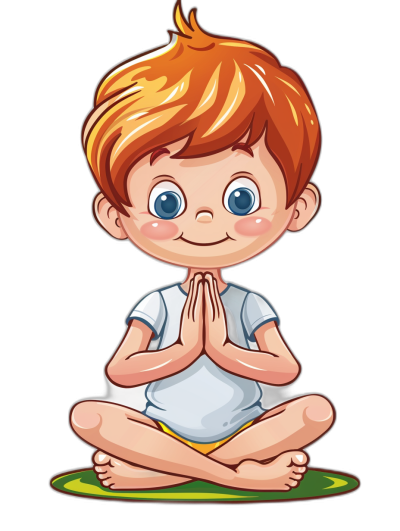 Cute cartoon baby boy doing yoga in the style of a simple vector illustration with a black background and simple design with flat colors, cute eyes, a white t-shirt and yellow shorts, a green mat on the floor, hands folded in front of the chest in a praying pose, a smiling face, short red hair, no outline, a colorful design for the shirt print in a fun style.