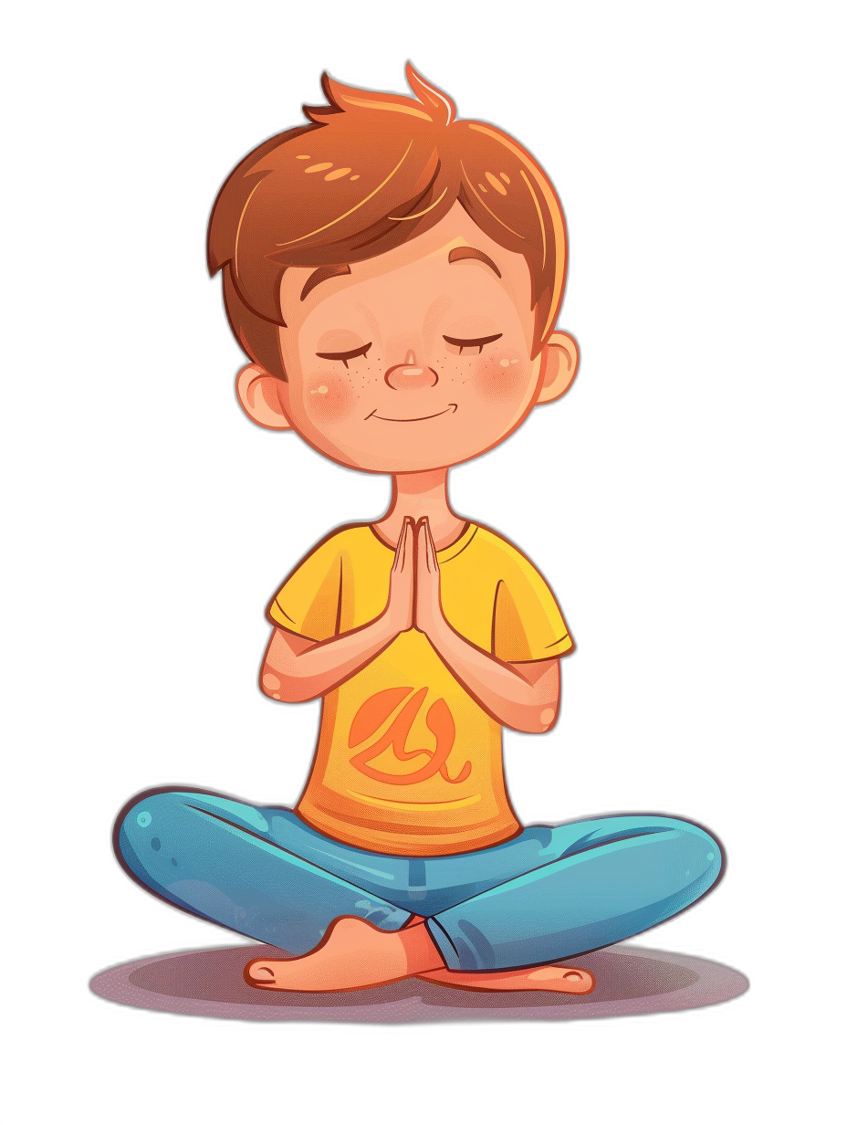 A cute cartoon boy doing yoga, simple flat illustration style with bright colors and black background, full body portrait, wearing yellow t-shirt, blue pants, hands folded in prayer, eyes closed, smiling expression, meditation posture. The overall design is minimalist, focusing on the character’s facial expressions to convey their emotions.,,in