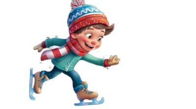 Cute cartoon character of a boy ice skating on a black background, in the style of Pixar, with colorful  and a hat, a smiling face, with high resolution, high detail, and high quality.