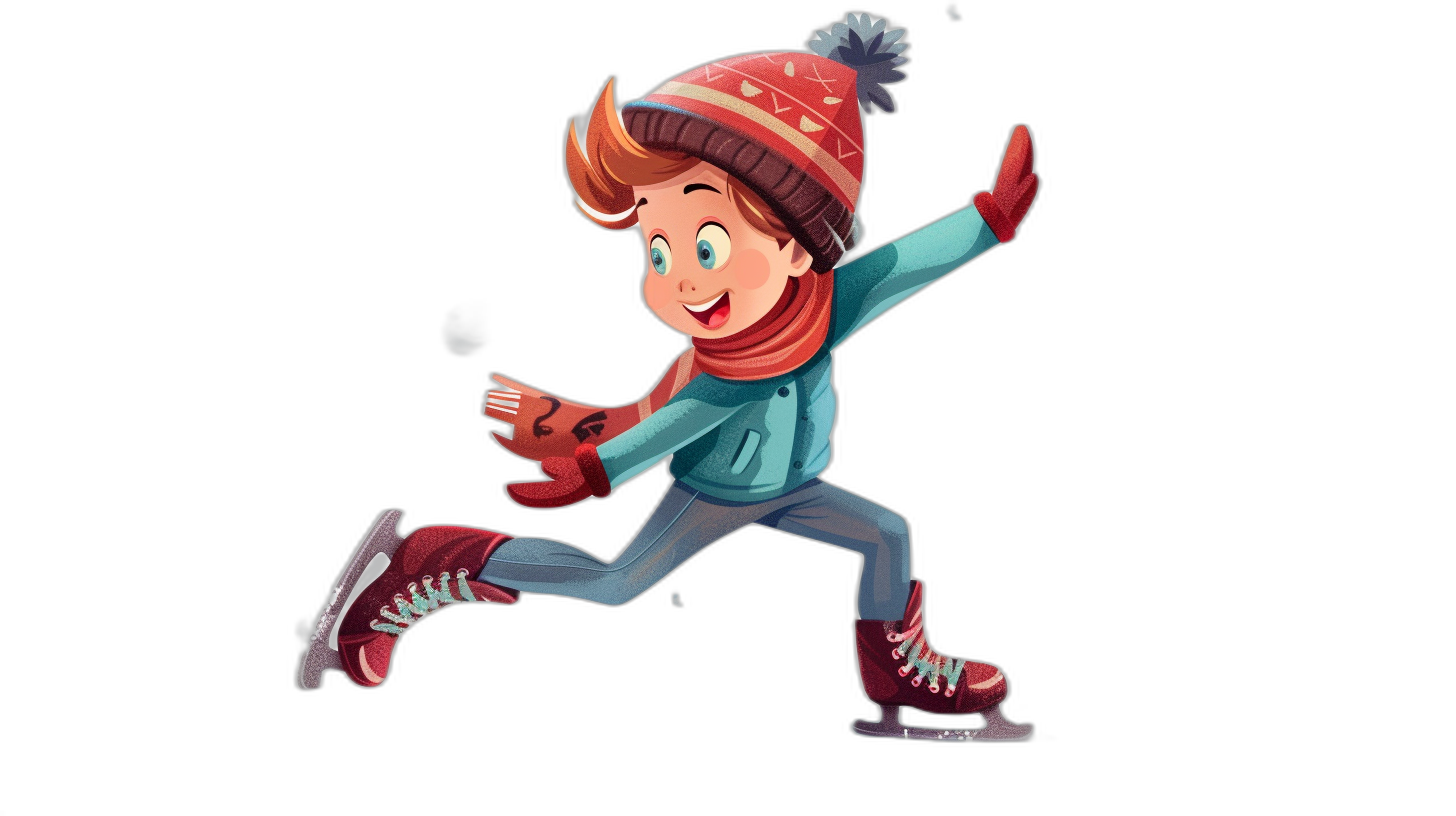 A cartoon boy ice skating, wearing gloves and scarves, smiling with his mouth open, dressed in winter . He is running forward on the black background. Vector illustration style. The colors of red shoes, blue pants, green shirt, dark gray hat, light brown hair, white skin should be vivid and bright. Black background, high resolution, professional digital rendering, cute character design. High quality, high definition, clear details, no text or other elements. Full body portrait.