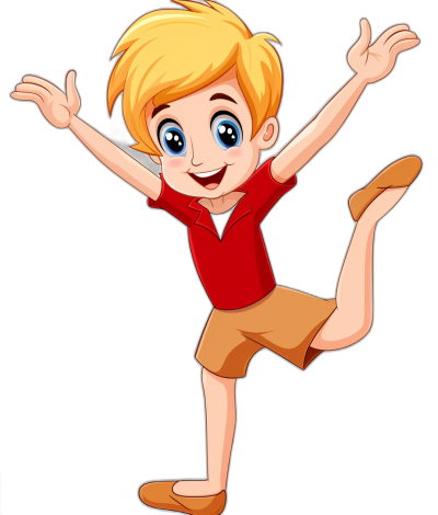 A cartoon blonde boy doing gymnastics, wearing a red t-shirt and brown shorts, smiling with his arms outstretched to the sides in the style of clip art on a black background.