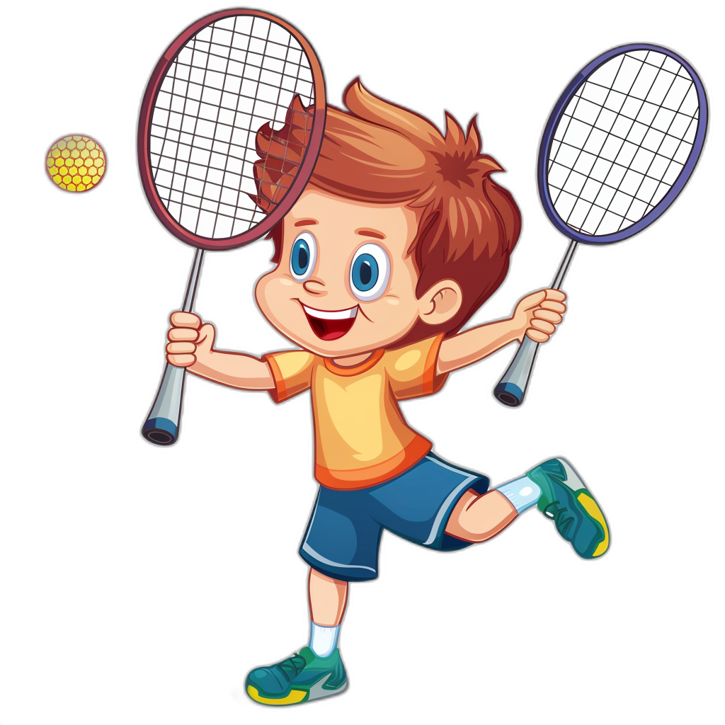 Cute cartoon boy playing badminton in a vector illustration style with a simple stroke structure and flat color blocks on a black background. Bright colors are used with a cute and happy expression shown in a full body portrait holding two rackets in his hands with a ball flying above his head. The little prince is wearing sports  and sport shoes on his feet.