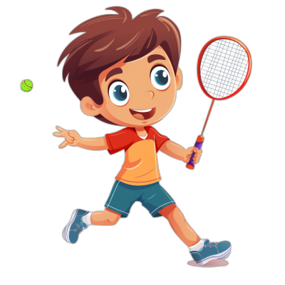 A boy playing badminton, cartoon style illustration design with simple lines and solid colors, vector graphic logo on black background, high resolution. The character is wearing sports  in bright colours and holding the racket. He has brown hair and blue eyes, chasing after his ball while smiling happily. There's no text or additional elements around him. It’s a vibrant scene capturing the joyful expression as he plays badminton in the style of flat color. Cartoon style design with simple line art, vector graphics.