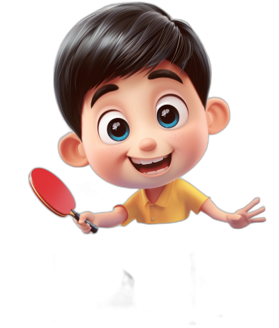 A cute boy playing table tennis, smiling with his eyes wide open and holding the racket in both hands. He has black hair and is wearing yellow . The background color is pure white in the style of Disney Pixar. Black pants. Simple cartoon character design with a black solid color background, 3D rendering, high-definition details, and bright colors.