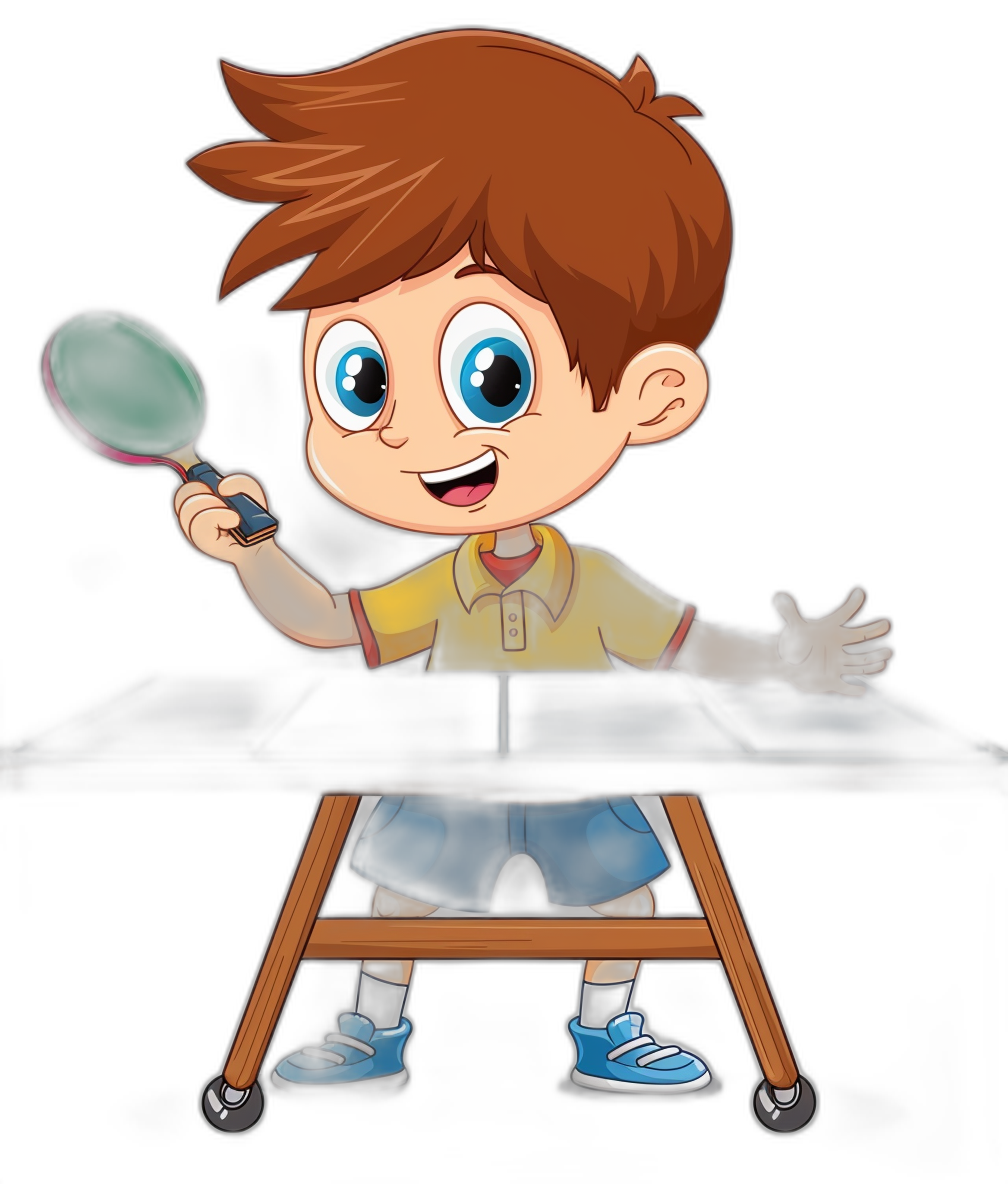 A cute cartoon boy playing table tennis on a black background, holding a green paddle and sitting in front of his mini wooden desk with white metal legs. The character has blue shoes and brown hair, big eyes and a smiling face. He is wearing a yellow t-shirt and dark jeans. In the style of chibi art. Isolated on a Black Background. Cartoon Style.