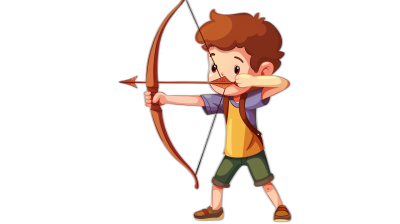 A cartoon-style boy with brown hair, wearing shorts and a t-shirt, shooting an arrow from his bow isolated on a black background. The character is in profile view with both hands holding the string of the archery bow while looking down at its target. He has one leg up as if about to shoot without traditional form for a children's book illustration or game avatar design. Cartoon style clip art vector illustration in the style of children's book or game avatar design.