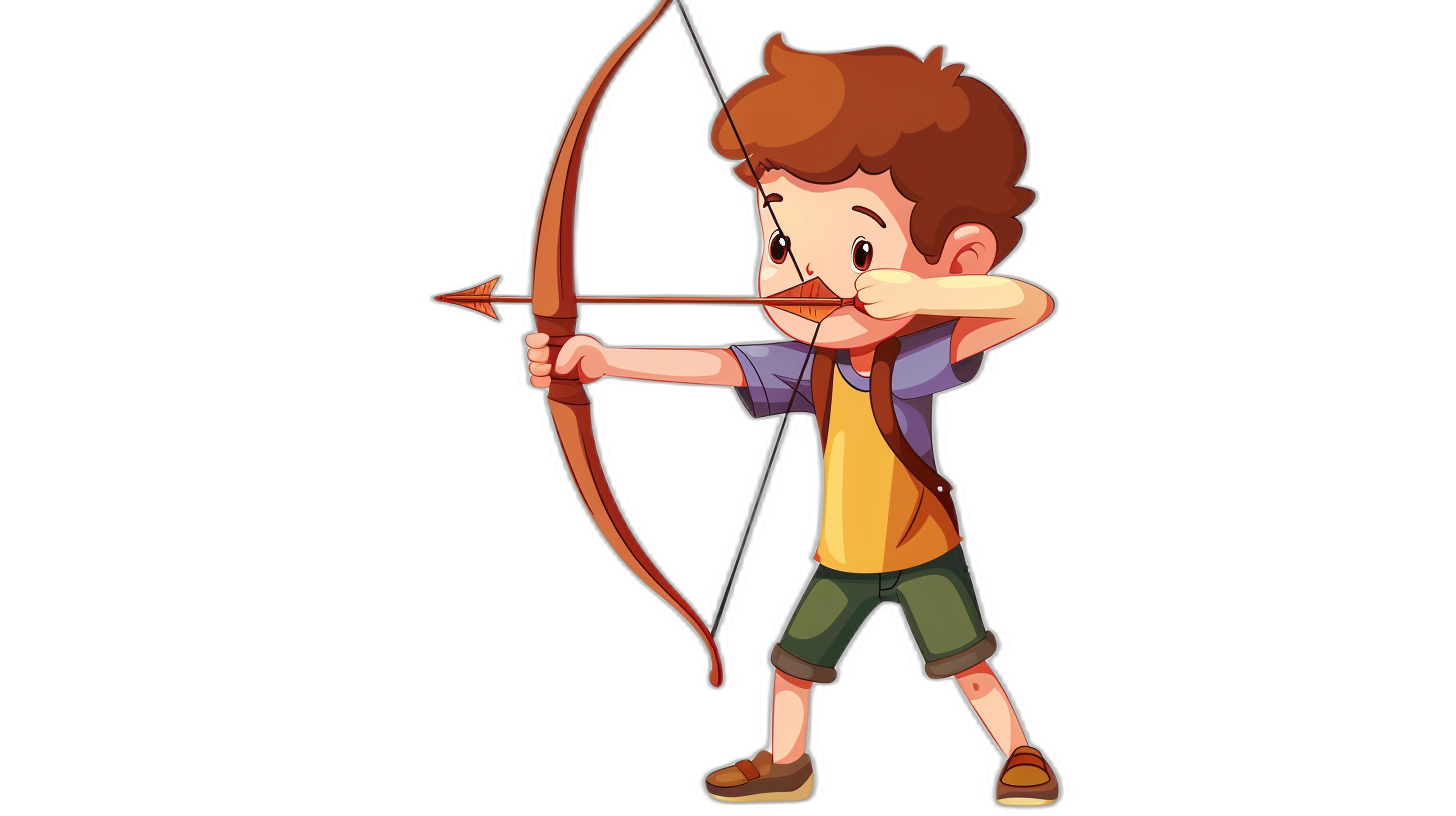 A cartoon-style boy with brown hair, wearing shorts and a t-shirt, shooting an arrow from his bow isolated on a black background. The character is in profile view with both hands holding the string of the archery bow while looking down at its target. He has one leg up as if about to shoot without traditional form for a children’s book illustration or game avatar design. Cartoon style clip art vector illustration in the style of children’s book or game avatar design.