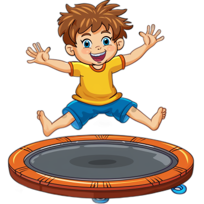 A cartoon boy jumping on a trampoline in the style of vector illustration against a black background.