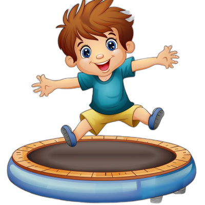 A cartoon illustration of a happy boy jumping on the trampoline in the clip art style with a black background.