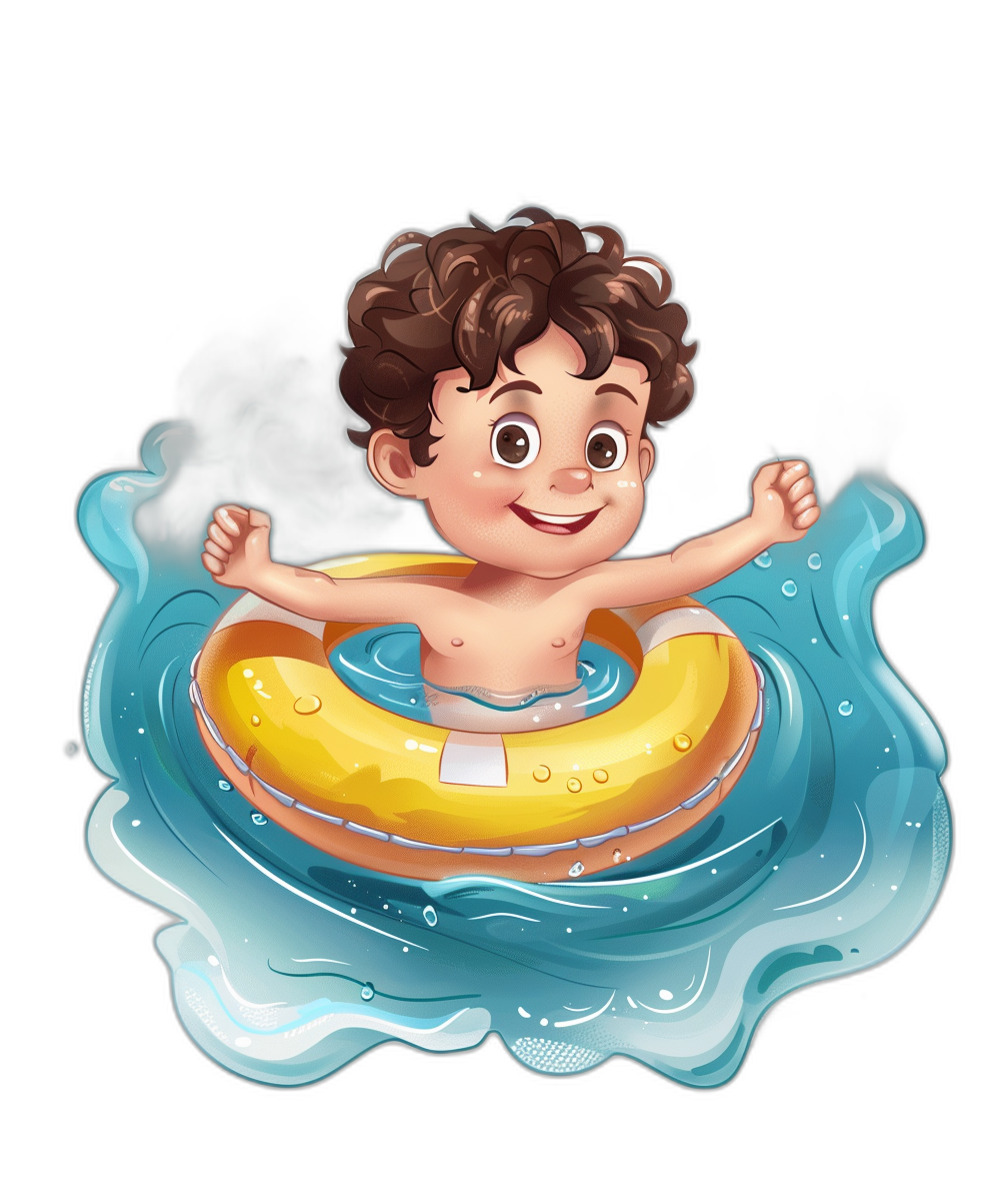 A cute little boy with brown curly hair is floating on an inflatable ring in the water. It is a cartoon style illustration in the style of flat color against a black background. The boy has a colorful, happy expression with big eyes and high detail.