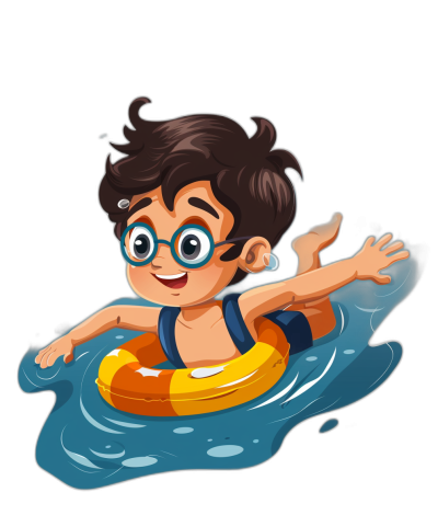 A cute little boy with glasses is swimming in the pool, wearing an inflatable ring and smiling happily. The black background of cartoon vector illustrations has clear details and is rendered using digital art techniques.,,in