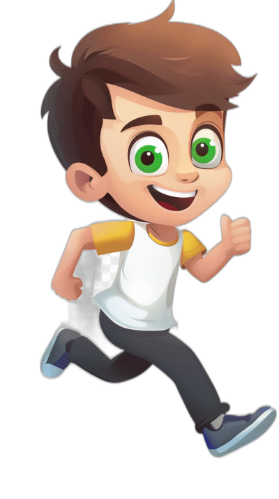 A cute cartoon avatar of an animated boy with green eyes, wearing a white and black t-shirt with running text on the right side of his body, smiling happily, with dark brown hair, in a full-length portrait, with a simple background, in a high quality, cartoon style, with colorful colors, at a high resolution, with high details, in the style of a cartoon character design.