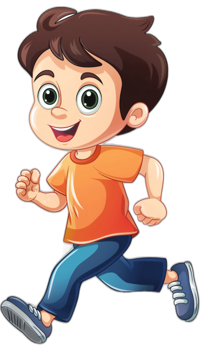 Cute cartoon vector style boy running, smiling with big eyes and dark brown hair wearing orange t shirt blue jeans white shoes on black background