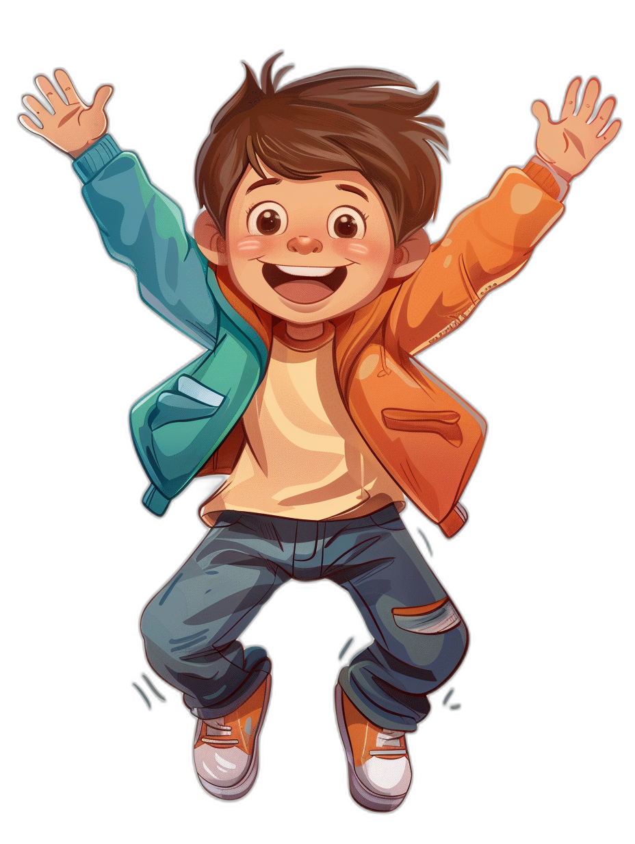 A cute cartoon boy is jumping up with his hands raised, wearing jeans and an orange jacket. He has brown hair, big eyes, a smiling face, bright colors, a black background, a flat illustration style, high-definition, and no shadows behind him. The style is similar to that of a cartoonist.