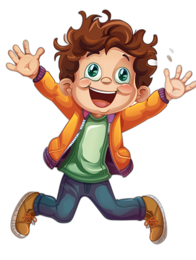 A cute cartoon boy, brown hair and green eyes with orange jacket jumping in the air smiling, vector illustration, black background, no outline, high resolution
