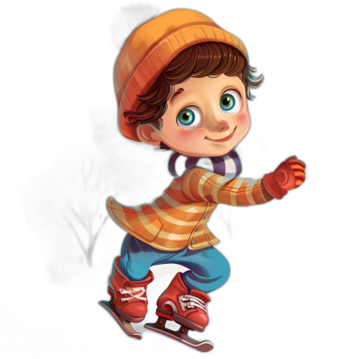 Cute cartoon boy ice skating on a black background in the style of 2D game art. He is wearing colorful  in the children's book illustration style. The image uses simple lines and shapes with a colorful color scheme. It is a full body portrait of a cute cartoon character in a high resolution of 300 dpi and high definition.