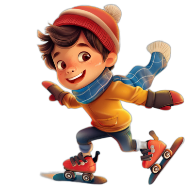 A cute boy is roller skating in the style of Disney, with a cartoon character design wearing winter  and a hat against a black background, with simple color blocks in the style of Pixar animation. The overall picture has bright colors and rich details. He showcases his adorable expressions while skillfully navigating the skateboard with cheerful movements in his winter .