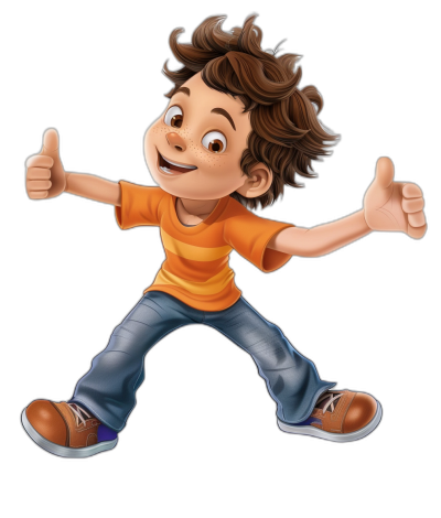 A cartoon boy with brown hair, an orange t-shirt and blue jeans is giving two thumbs up while jumping on a black background, showing his full body.