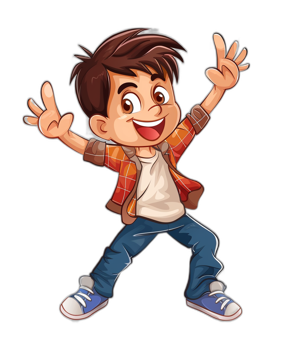 A cute happy cartoon boy in vector style, with his hands raised and waving happily. He is wearing jeans, white t-shirt and jacket, blue shoes, brown hair, smiling face. Isolated on black background. Vector illustration.