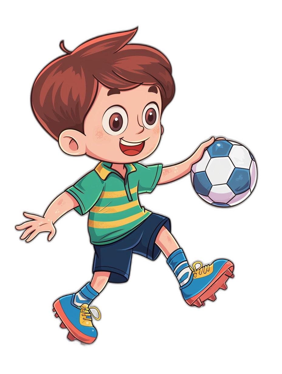 A cute cartoon boy playing football with a simple color scheme design and flat illustration style on a black background in vector graphics with bright colors and simple details under bright lighting with a happy expression, holding the ball in his hand and kicking it with one foot in  in the style of flat illustration.