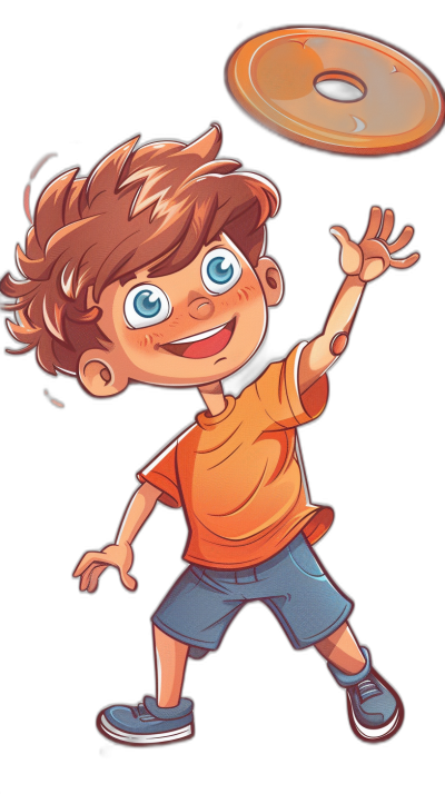 A cartoon boy with brown hair and blue eyes, wearing an orange shirt and gray shorts, is playing frisbee on a black background in the style of comic art.