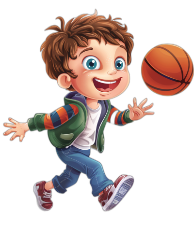 A cute little boy is playing basketball in the style of Disney animation. He has a black background with colorful  and bright colors. The boy has a happy expression and is shown in a jumping action pose. The full body portrait is drawn in high definition resolution. He has short brown hair and blue eyes with a big smile on his face. The style is reminiscent of character caricatures found in children's book illustrations and Pixar 3D animations. The colors used are light red and dark green like those seen in vibrant murals and children's storybook illustrations.