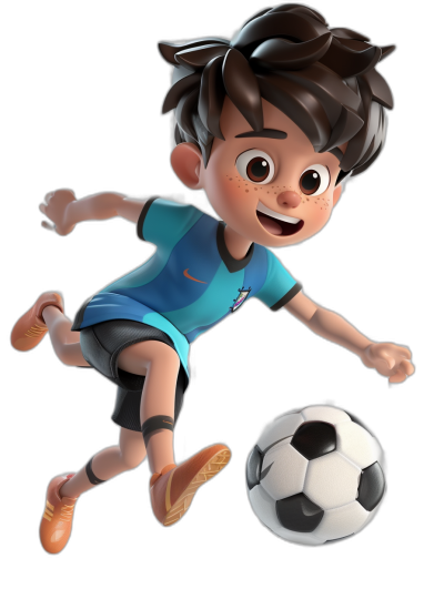 A boy playing football, wearing blue and black shorts with the India national team logo on his chest, in the style of a cartoon, with a character design reminiscent of Disney Pixar, in a full body shot, with white shoes, brown hair, big eyes, a smiling facial expression, in a kicking pose, isolated against a pure black background, rendered in 3D, with bright colors, cute.