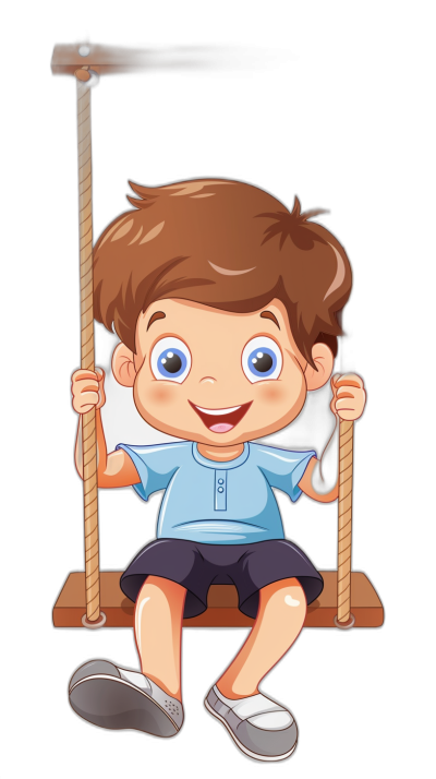 cartoon style, a cute boy sitting on the swing, smiling with blue eyes and brown hair, wearing short dark pants and a light-blue t-shirt, black background, vector illustration.