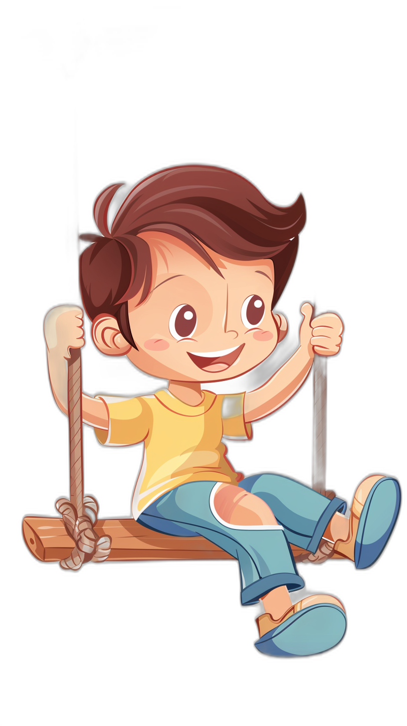 A cute cartoon of a happy boy sitting on a wooden swing, with a black background, in a simple flat illustration style, with a high resolution photography style, in the style of Pixar, with a cartoon character design, with a bright color scheme, with simple graphic and line art styles, with high contrast.