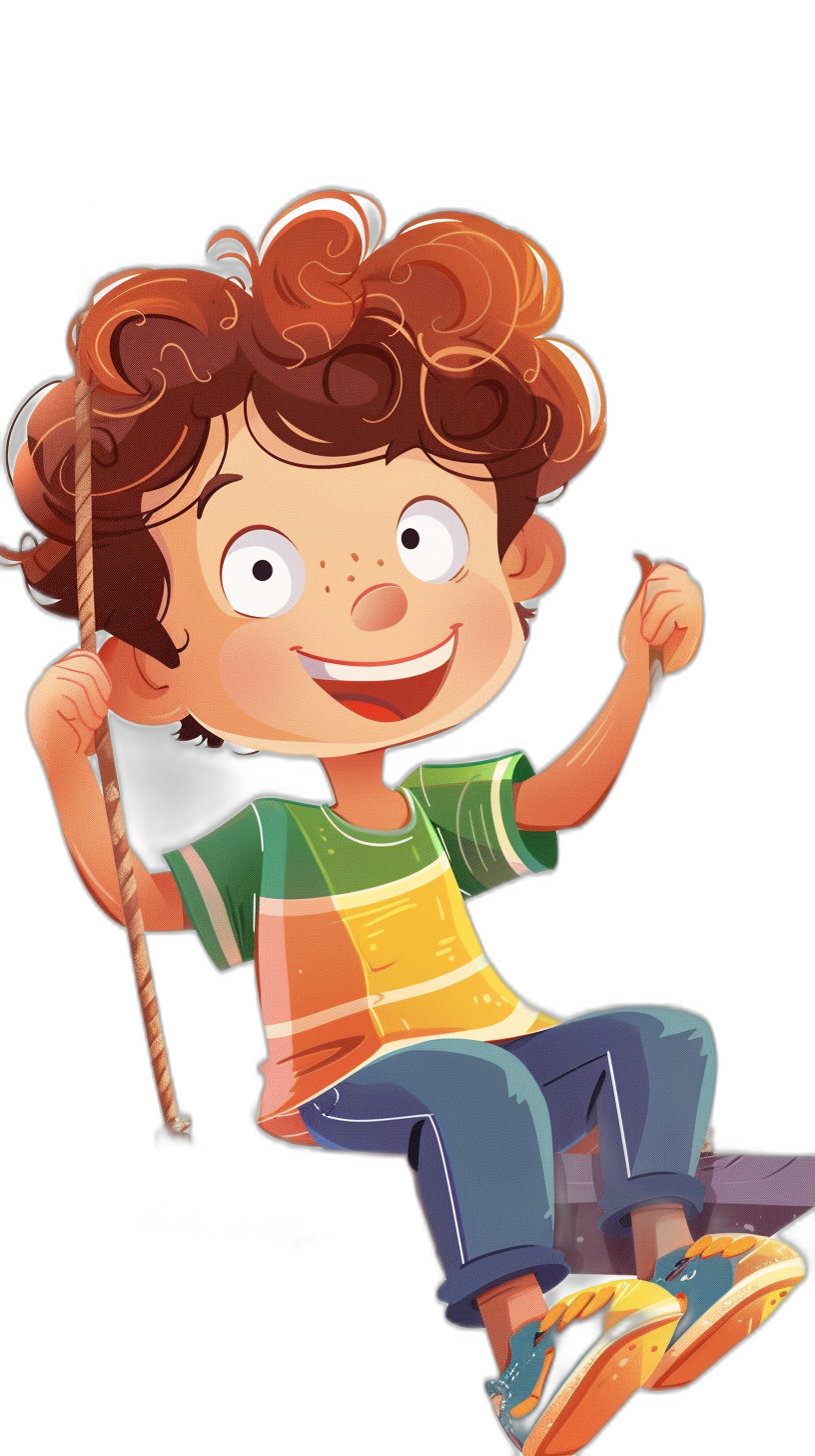 A cute happy boy with curly brown hair, wearing colorful  and sneakers is sitting on the swing in a cartoon style. He has an open smile, big eyes, white skin tone, black background, simple lines, simple colors, a flat illustration with high definition details of the best quality and highest resolution.