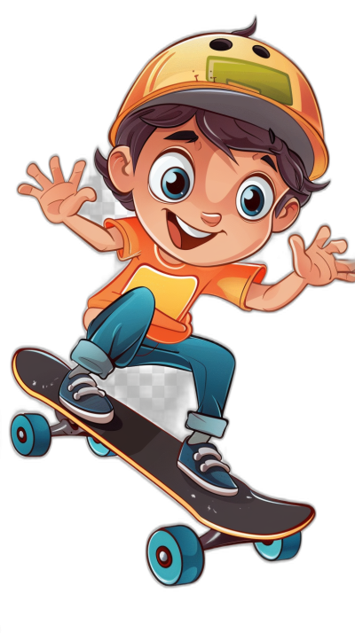 A cartoon boy is riding on his skateboard, wearing an orange cap with blue eyes and smiling happily. He has short black hair and wears jeans and sneakers. The background of the scene should be pure black to highlight him in mid-air on the skate board. His hand reaching out towards you shows joy as he rides through the air. In general, it feels like a fun character design for young children or boys who love sports such as skating, focus stacked, in the style of a cartoon.