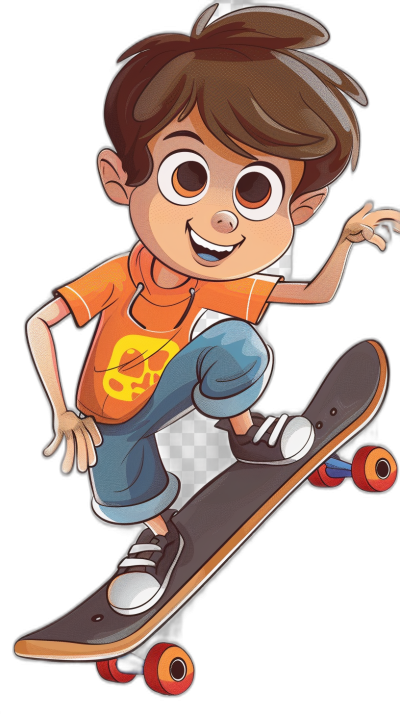 A cartoon of an animated boy in the style of Disney, with brown hair and eyes wearing an orange shirt while skateboarding on a black background, as a vector art, clipart, flat color illustration with high contrast shading, high detail, high resolution, high quality, high definition, high dynamic range, high sharpness, high clarity, high contrast colors, on a solid white transparent PNG backdrop, with hyper realistic, hyper detailed, hyper colored style.