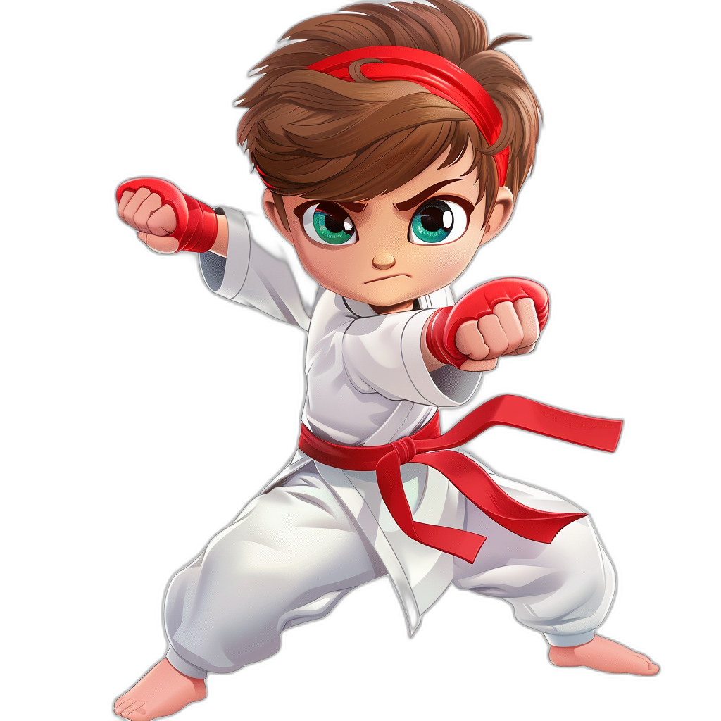 A cute boy with brown hair and green eyes, wearing white karate pants with a red belt, doing an air kick in the style of a chibi character, 2d game art on a black background