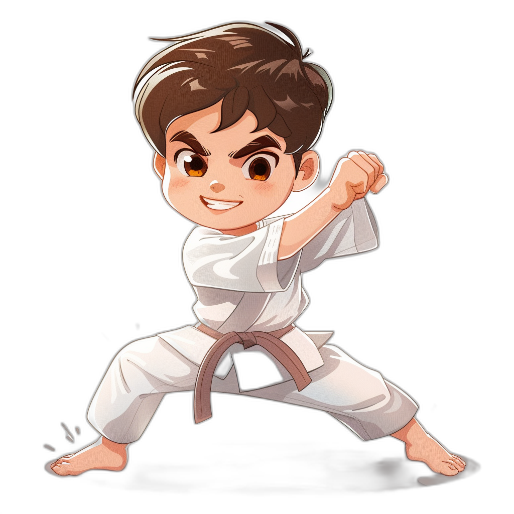 A cute boy in a white karate outfit, with brown hair and eyes and an angry expression, is doing a side kick in the style of chibi style character design on a simple black background in a cartoon drawing style with a simple color scheme at a high resolution.