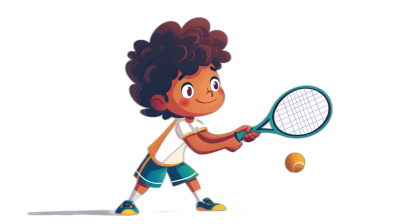 A cute happy young boy playing tennis in the style of Pixar and Disney with flat colors on a black background, full body character illustration, children's book cover design, simple, white shoes, holding a racket with his hand.