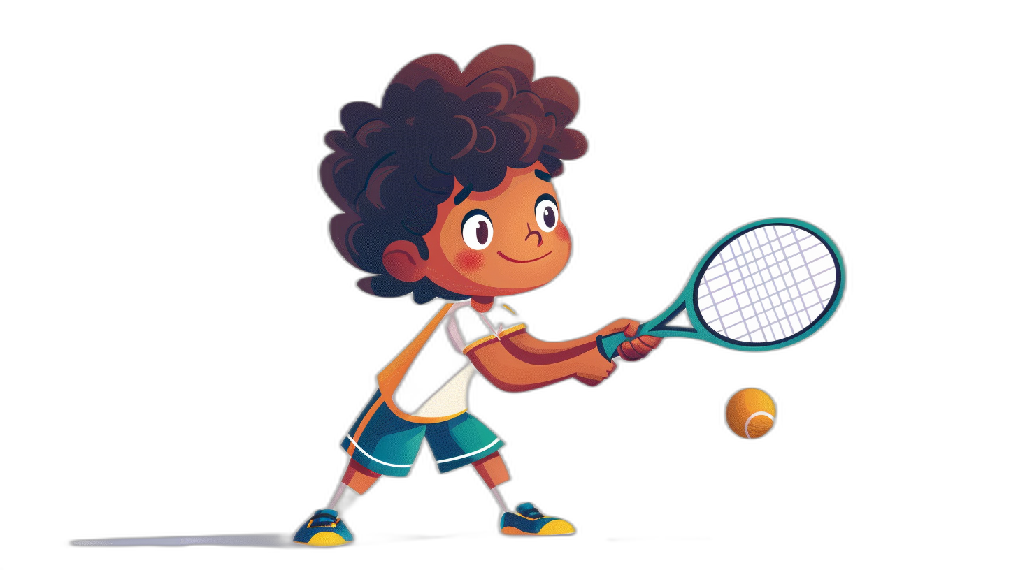 A cute happy young boy playing tennis in the style of Pixar and Disney with flat colors on a black background, full body character illustration, children’s book cover design, simple, white shoes, holding a racket with his hand.