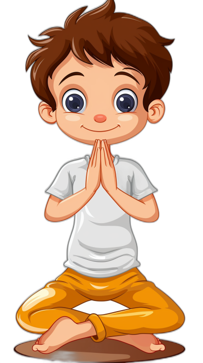 A cute cartoon boy doing yoga in a simple drawing style with a black background. The little boy has brown hair and is wearing a white short-sleeved shirt and yellow pants. He sits on the ground in lotus position while holding his hands together like praying or meditating. His eyes are closed and he looks calm as if he were ready to take deep breaths. Cartoon vector illustration, vector art in the style of minimal editing of the original text.