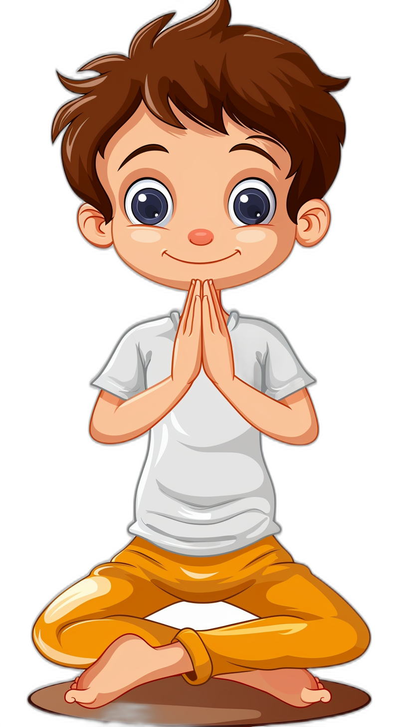 A cute cartoon boy doing yoga in a simple drawing style with a black background. The little boy has brown hair and is wearing a white short-sleeved shirt and yellow pants. He sits on the ground in lotus position while holding his hands together like praying or meditating. His eyes are closed and he looks calm as if he were ready to take deep breaths. Cartoon vector illustration, vector art in the style of minimal editing of the original text.