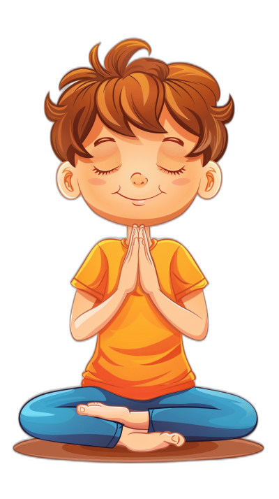 Cute cartoon boy doing yoga, vector illustration on a black background, full body portrait, happy expression, hands clasped together in a prayer pose, eyes closed and smiling, wearing an orange t-shirt with blue pants underneath, sitting cross-legged in the lotus position.