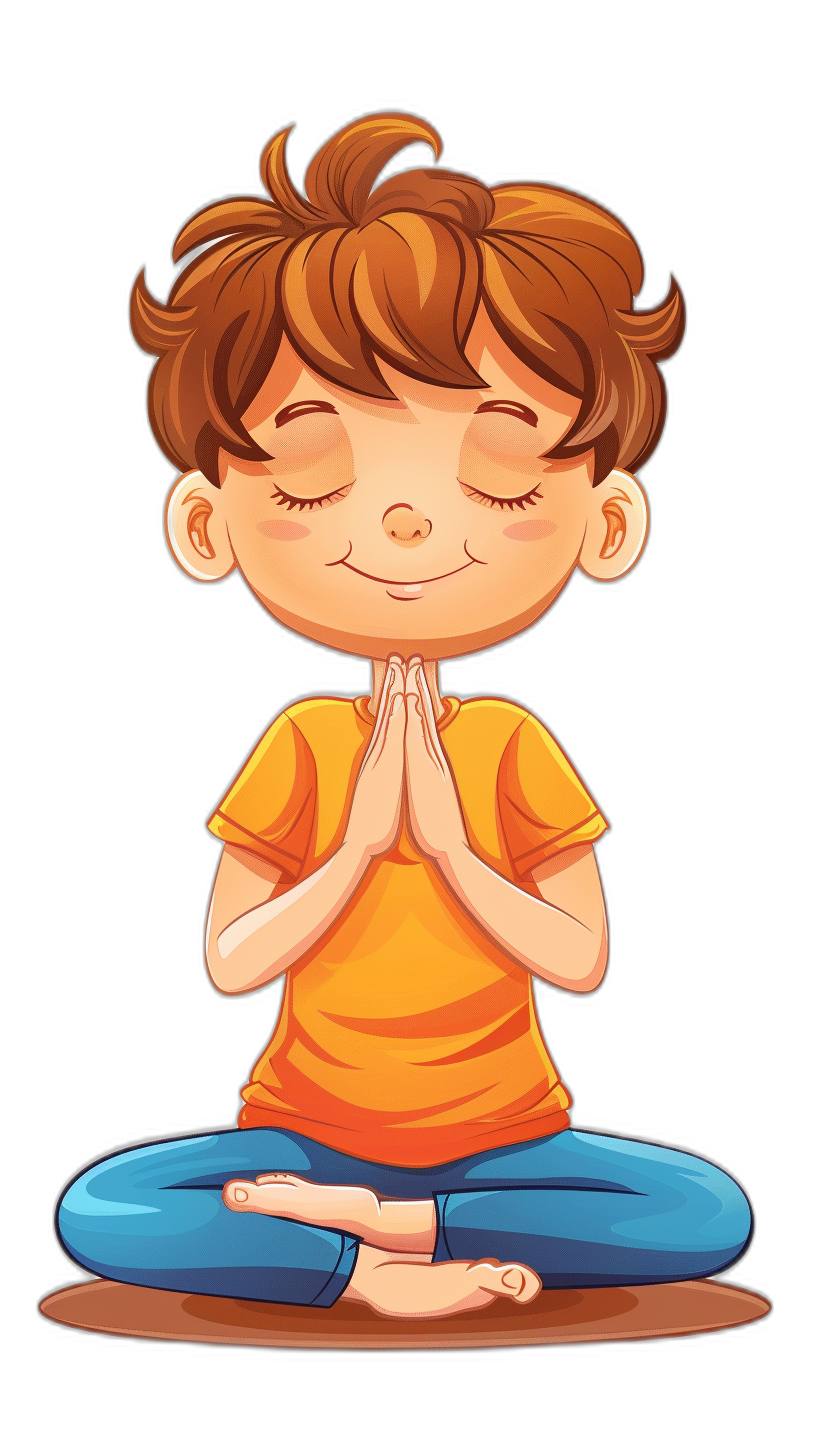 Cute cartoon boy doing yoga, vector illustration on a black background, full body portrait, happy expression, hands clasped together in a prayer pose, eyes closed and smiling, wearing an orange t-shirt with blue pants underneath, sitting cross-legged in the lotus position.