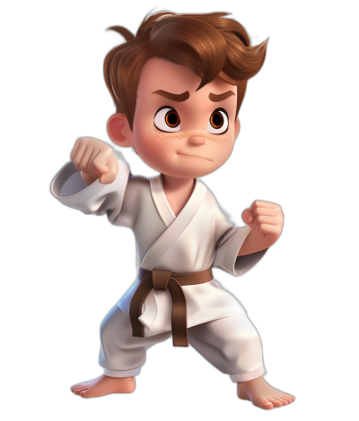 A young boy with brown hair in a white karate outfit, ready in a fighting pose, against a black background, in a cute cartoon style, with a 3D Pixar-style character design, at a high resolution, of high quality, with high detail, with professional photography lighting, and professional color grading, taken with a wide-angle lens, as a full body shot, in the style of Disney Pixar animation.