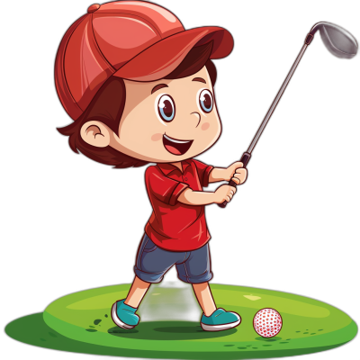 A cartoon vector illustration of a boy playing golf, wearing a red cap and shirt, against a black background, in a cute style, as a clip art sticker design graphic.