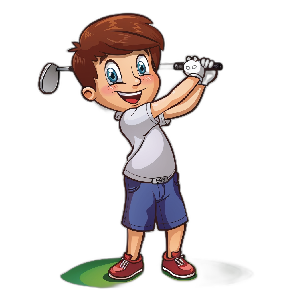 cartoon young boy playing golf, t shirt design on black background