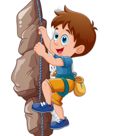 A cartoon boy is climbing a rock wall in a vector illustration for a kids' book in a flat style on a black background, with no shadow under the character. He is wearing a blue shirt and yellow shorts with white stripes, holding a rope around his neck while hanging from the edge of a cliff and looking down at the rocks below. He has big eyes, brown hair, and baggy pants tied to his foot, in the style of cartoon illustrations.