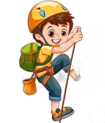 Cute cartoon vector style boy with a climbing helmet and backpack, holding ropes on a black background, wearing a yellow shirt, blue pants and orange shoes with a green bag on his back. The happy smiling cartoon character design is a vector illustration PNG with a transparent white border and solid color on the bottom with no shadow clipart, in the style of no specified artist.