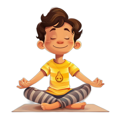 A cute cartoon boy wearing yoga pants and a t-shirt is sitting in lotus position with his eyes closed, smiling slightly. It is a vector illustration on a black background, with the boy wearing a yellow shirt and having brown, short hair. His hands are spread out to the sides of both shoulders, his head is tilted up, and his mouth is closed. He is wearing striped pajama shorts with his hands on his knees. There is a small flame symbol at chest level, in the style of a cartoon.