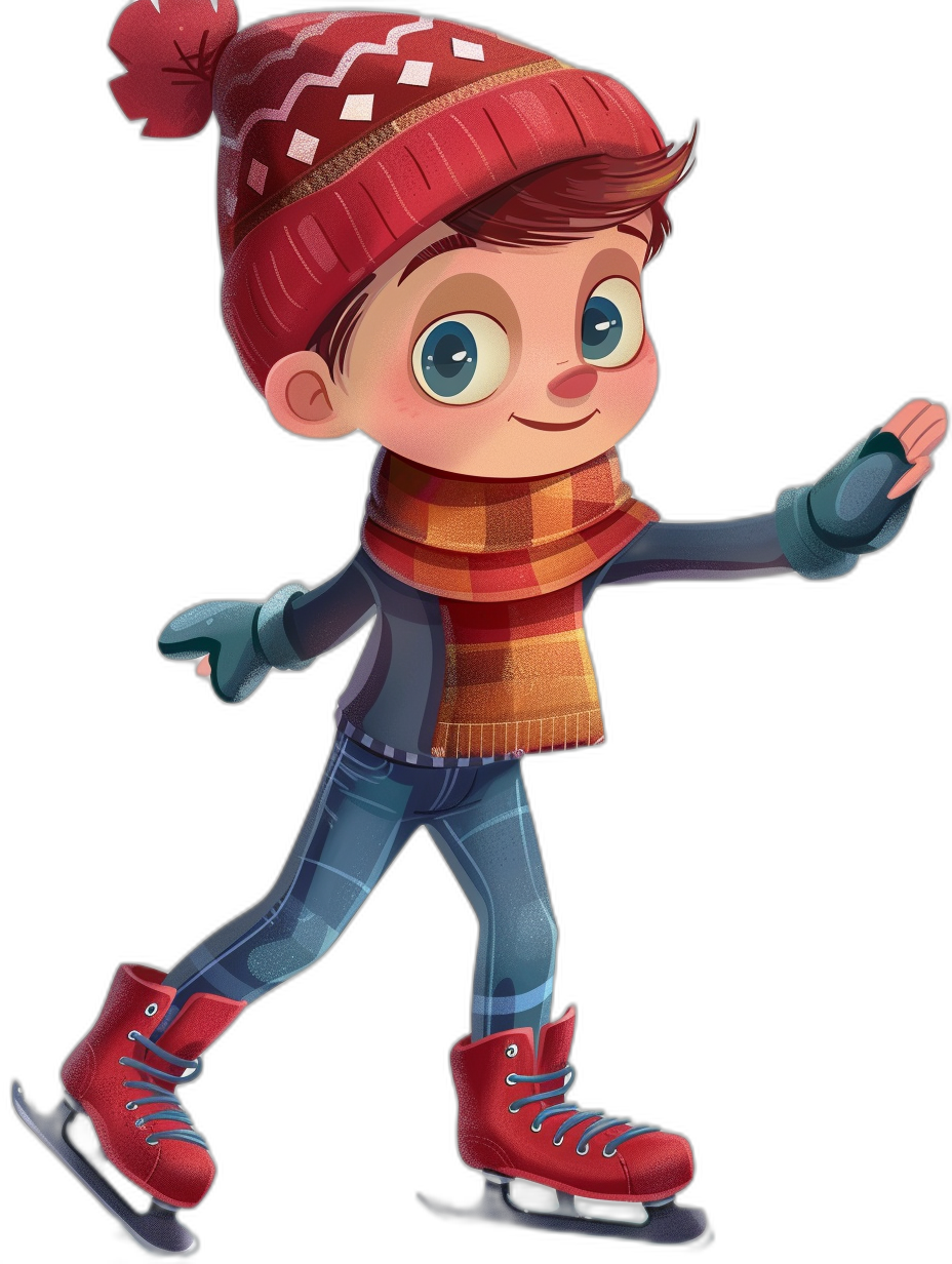 Cute cartoon illustration of a boy ice skating, wearing red boots and gloves, a winter hat with scarf, a full body portrait, against a black background, in the style of Pixar.