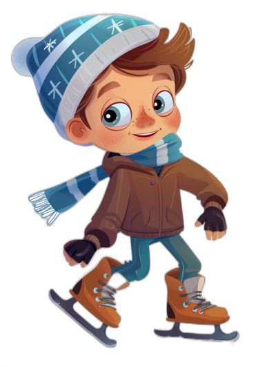 A cute cartoon of a boy ice skating in the style of clip art with an isolated black background, wearing a winter hat and scarf in a flat illustration style, with a smiling face and bright eyes, wearing a brown jacket, blue pants, and dark gray boots with white lines on the shoes. The overall color scheme uses warm tones.