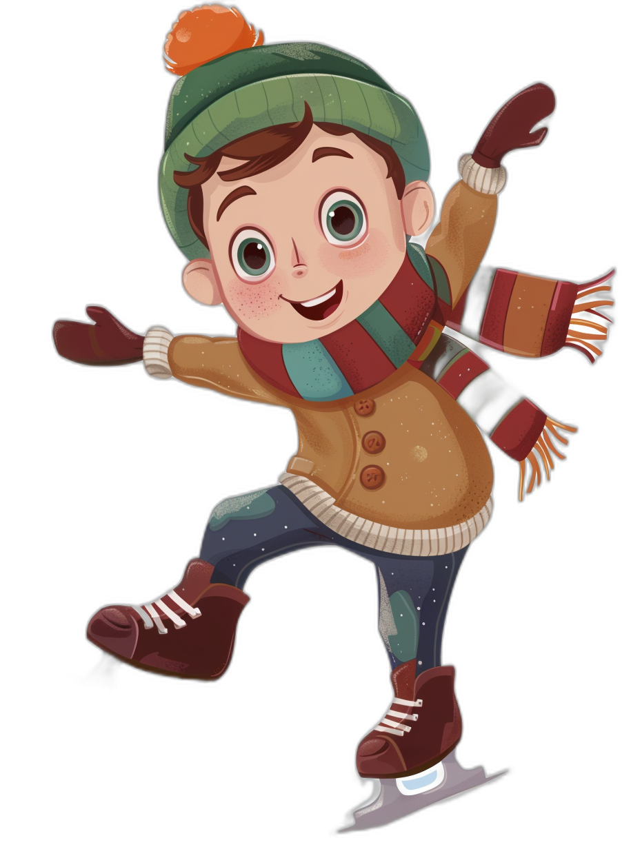 A cute cartoon boy ice skating, wearing gloves and scarf with a black background. The style is similar to Disney, with a vector illustration and flat design showing his full body portrait. He is wearing a brown jacket, green hat, and white boots on his feet with a happy expression. Bright colors make him look full of vitality. He has big eyes and long eyelashes in high resolution.